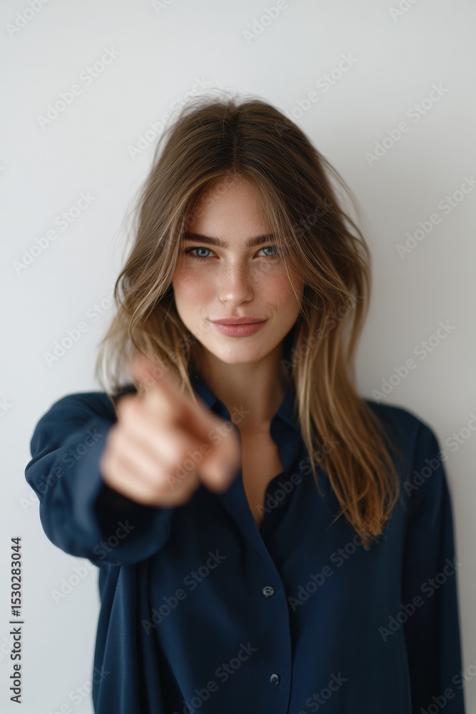 Confident woman pointing forward with a smile, embodying empowerment and motivation. Confident woman pointing forward with a smile, embodying empowerment and motivation.