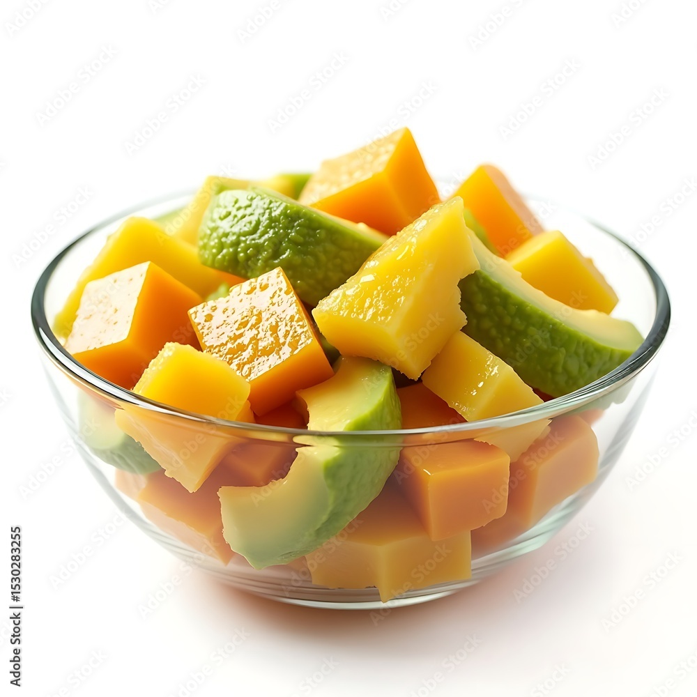 Fresh Mango and Avocado Salad in Glass Bowl Fresh Mango and Avocado Salad in Glass Bowl