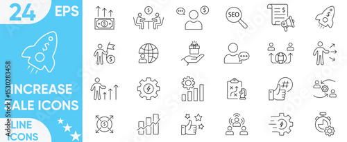 Increase sale icon set. Business successful,monitor, seo, increasing, report, setting, real estate, Growth profit, strategy, sales, marketing, profit and more.Vector and illustrator set.