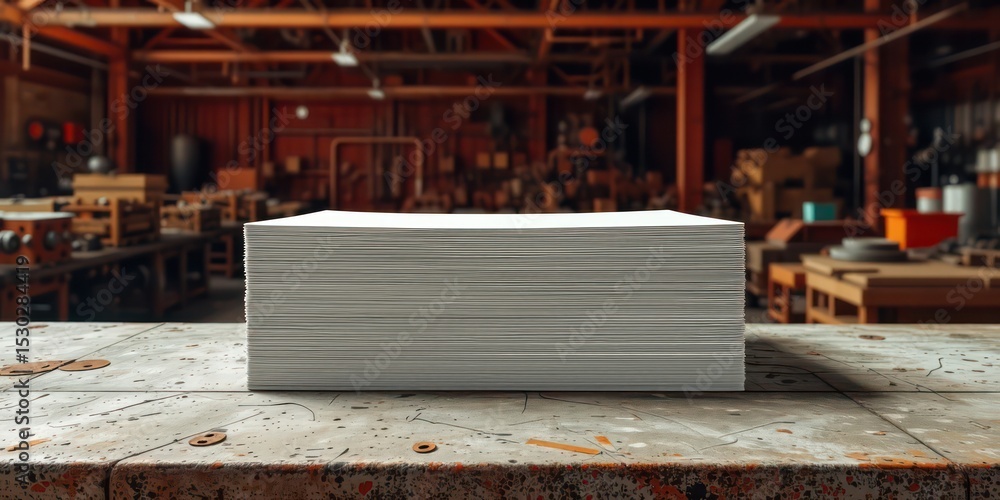 Obraz premium A sizable collection of bright white sheets sits prominently on a sturdy, aged workshop bench, ready for daily operations.