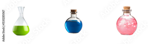Enigmatic Glass Potions: Three Colorful Bottles with Green, Blue, and Pink Liquids

