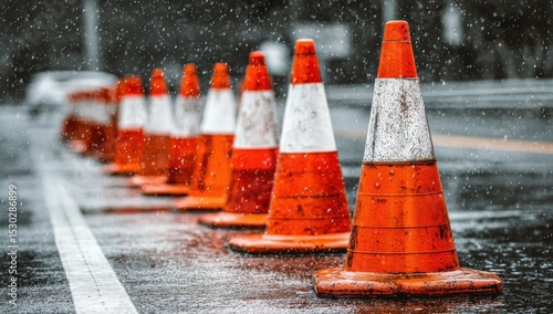 Orange traffic cones in a line on a wet road