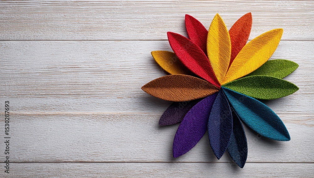 Colorful felt petals arranged in a circular design on a light wood surface Colorful felt petals arranged in a circular design on a light wood surface