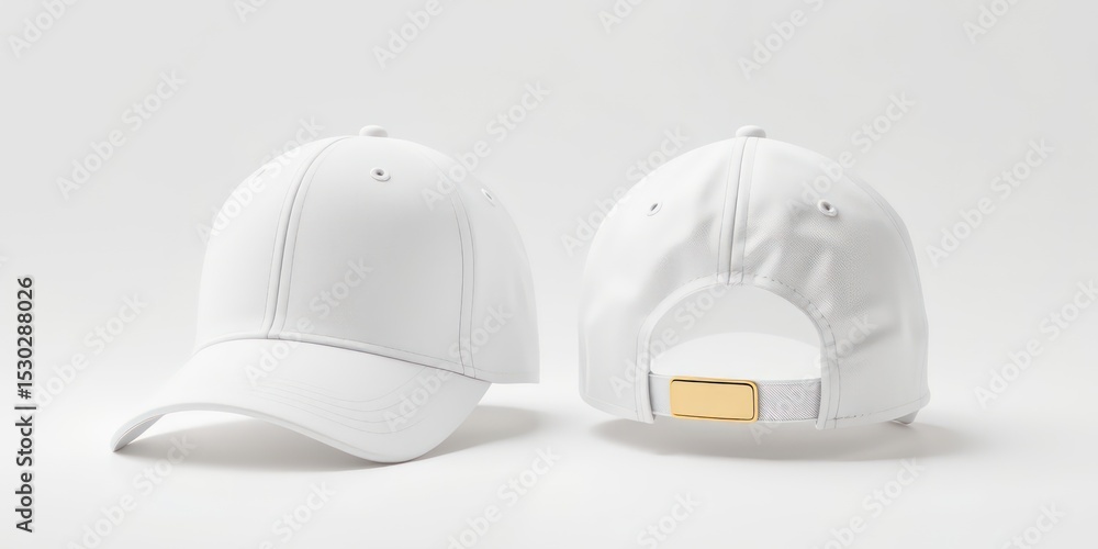 Fototapeta premium Two clean blank baseball caps shown from different perspectives, ready for customization on a bright white seamless background
