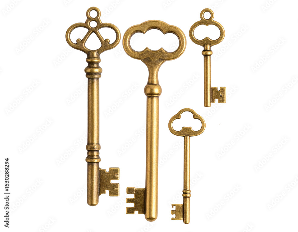 Old-Fashioned Brass Key Set, Isolated on Transparent Background Old-Fashioned Brass Key Set, Isolated on Transparent Background