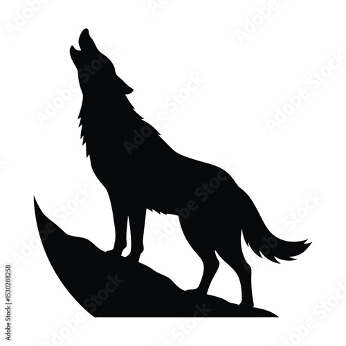 Black silhouette of a howling wolf on rocky peak