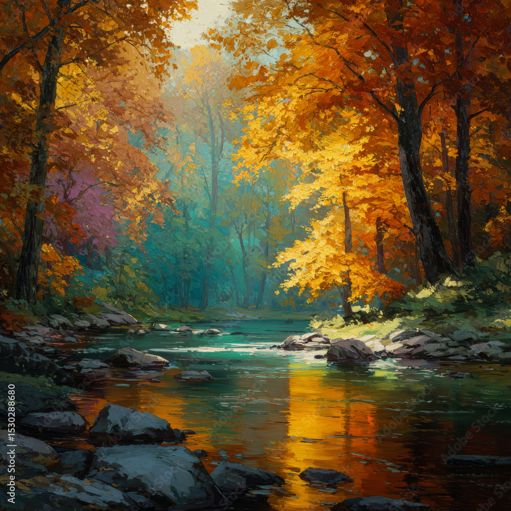 Autumnal Waterscape: A vibrant, artistic scene of autumn trees framing a shimmering river, reflecting the rich golds and oranges of the season. Autumnal Waterscape: A vibrant, artistic scene of autumn trees framing a shimmering river, reflecting the rich golds and oranges of the season.