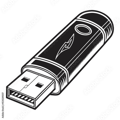 Black and white illustration of a flash drive with lightning bolt design