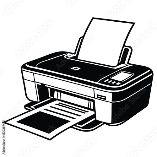 Detailed Vector Illustration of an Inkjet Printer in Black and White Style