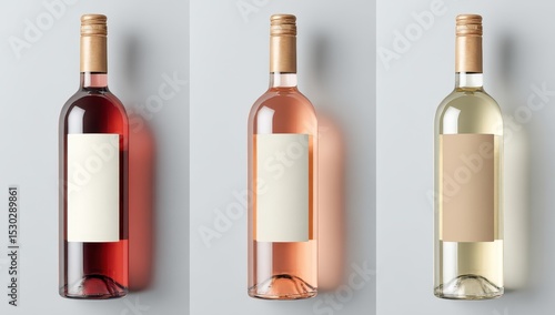 Three bottles, red, rose and white, with blank labels