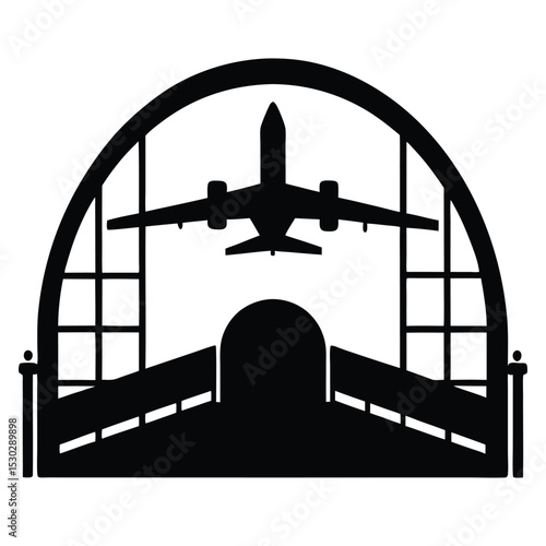 Airplane silhouetted at airport gate vector design