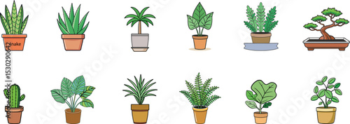 Collection of indoor potted plant illustrations in flat cartoon style. Includes various leafy houseplants, bonsai, cactus, and succulents. Perfect for eco-friendly designs and visuals.