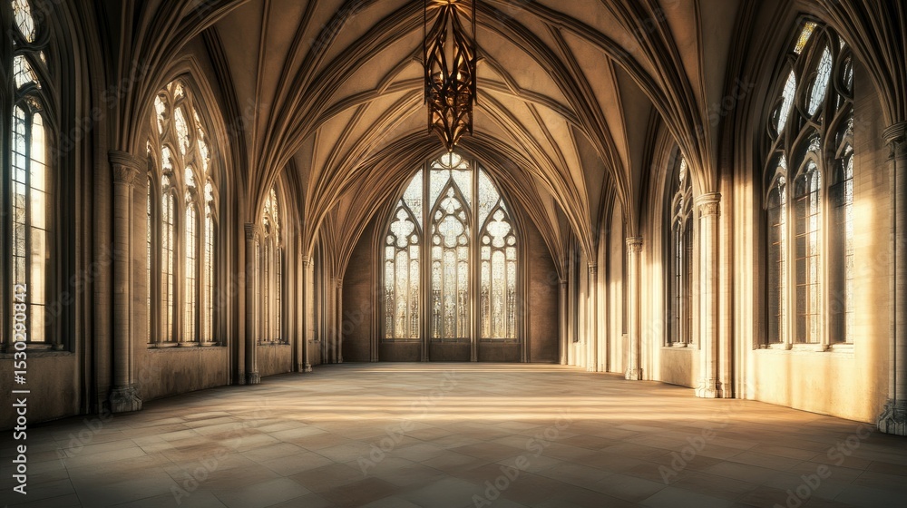 Obraz premium Sunlit Gothic Hall: Architectural Grandeur