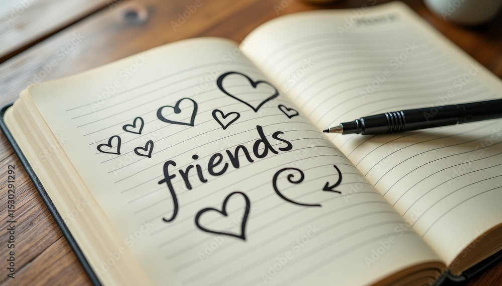 Fototapeta premium Doodles of hearts and friends sketched in a notebook on a wooden table
