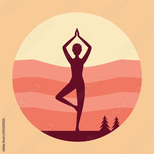 Silhouette of yogi in tree pose at sunset graphic