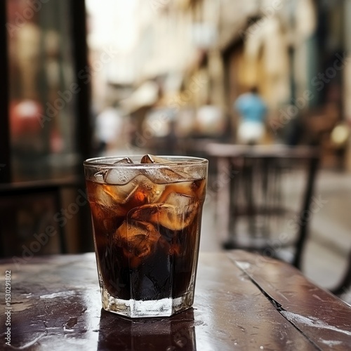 Iced dark drink on a cafe table, out-of-focus city street background