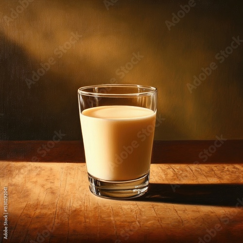 A glass of light beige liquid sits on a wooden surface, bathed in warm sunlight