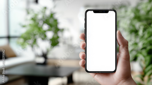 A person holding a smartphone with a blank screen  captured in a bright  plant-filled environment.