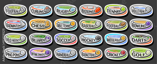Vector Sport Logos Set, 24 simple oval tags with flying balls on curved trajectory, collection of minimal design white sports labels with game equipment, text for different kind of playing sport