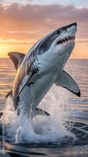 Breaching Great White Shark – Sunset Splash and Strength