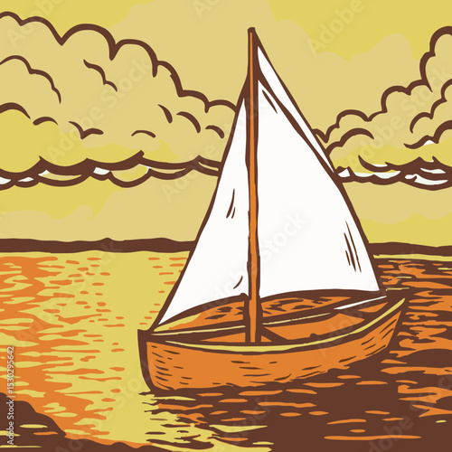 Illustration of a sailboat on the water under cloudy sky