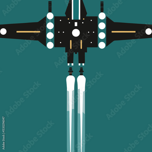 Stylized spaceship with dual engines on teal background
