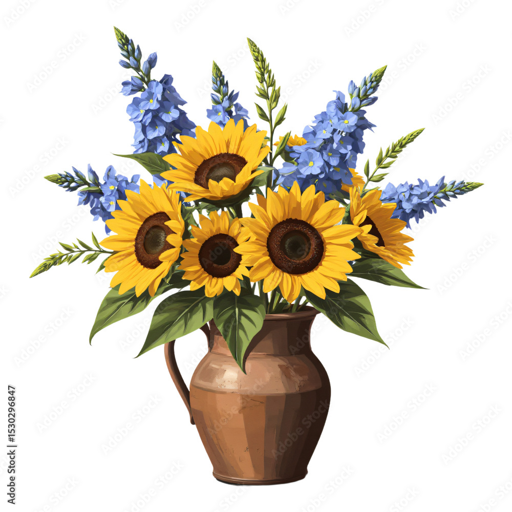 Obraz premium A vibrant arrangement of sunflowers and blue delphiniums in a rustic terracotta vase, on a white background. Warm, country style, cheerful, natural, and colorful with no shadows.