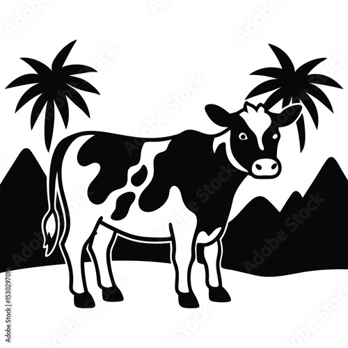 Cartoon cow in lush green pasture landscape illustration