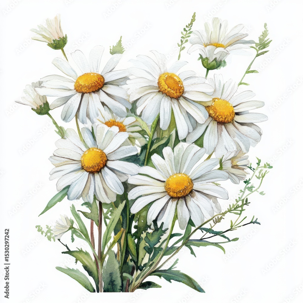 Fototapeta premium Watercolor Painting of a Delicate White Daisy Bouquet