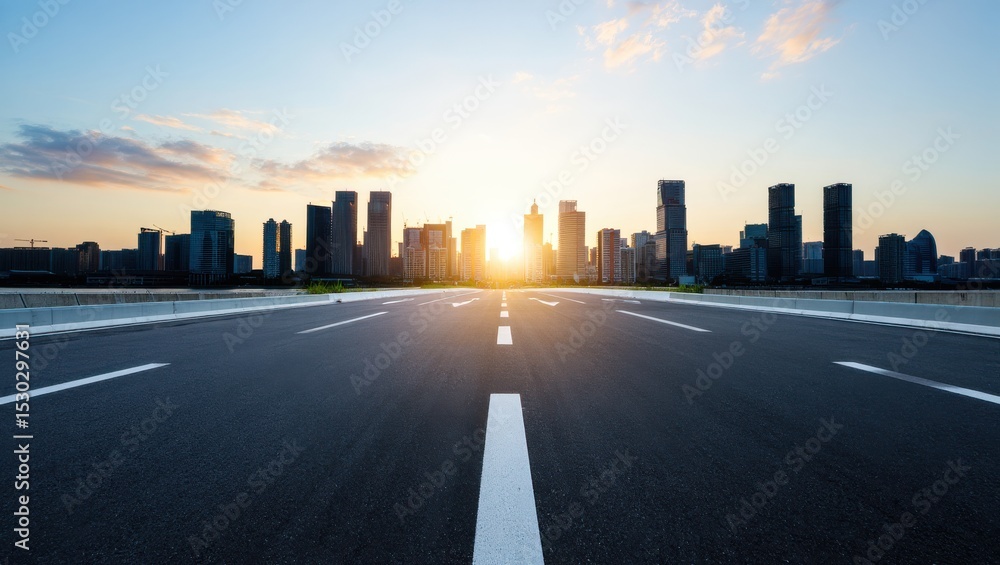 Obraz premium Empty Asphalt Road Leading to Modern City Skyline at Sunset with Glowing Sun