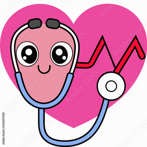 Cartoon stethoscope with eyes and smile over pink heart