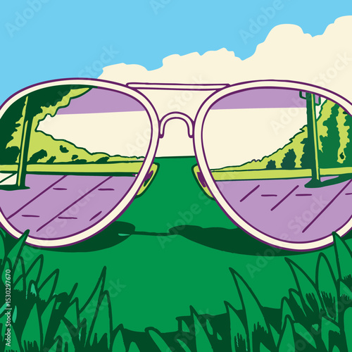 Sunglasses reflecting a park scene on a grassy surface