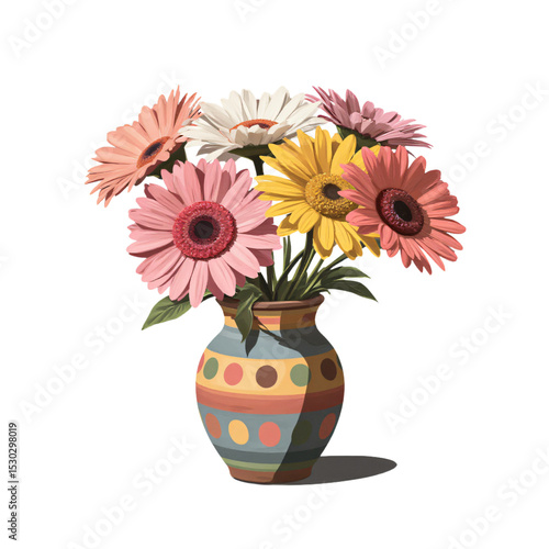 Wallpaper Mural A colorful mix of gerbera daisies in a hand-painted clay vase with geometric patterns, on a white background. Artistic, cheerful, vibrant, creative, lively with no shadows. Torontodigital.ca