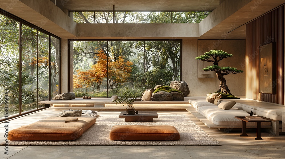 Fototapeta premium Modern minimalist living room with zen garden view.