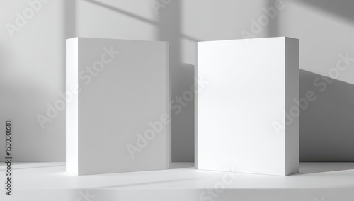 Two blank white boxes on a white surface  sunlit shadows
