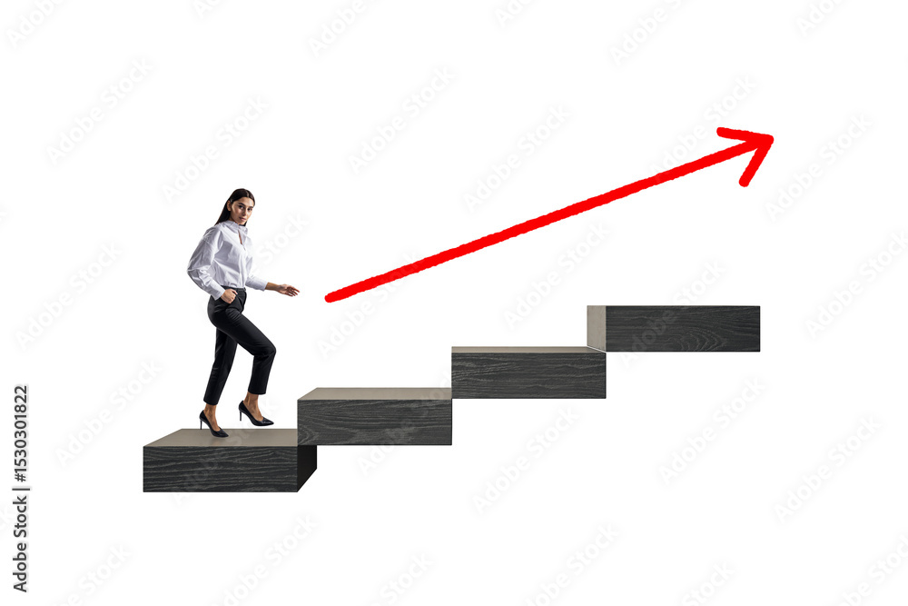 Businesswoman climbing black steps with upward red arrow on white background symbolizing career growth and professional success. Businesswoman climbing black steps with upward red arrow on white background symbolizing career growth and professional success.
