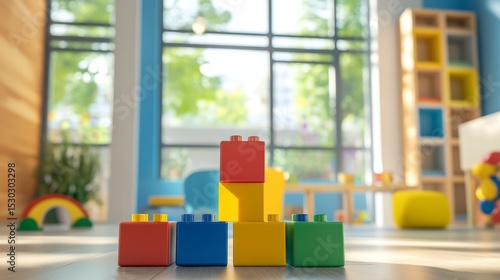 Colorful plastic blocks on wooden floor in bright kids playroom.