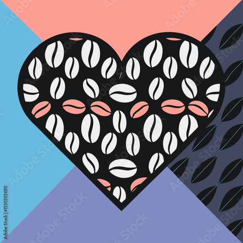 Heart filled with coffee beans on colorful background
