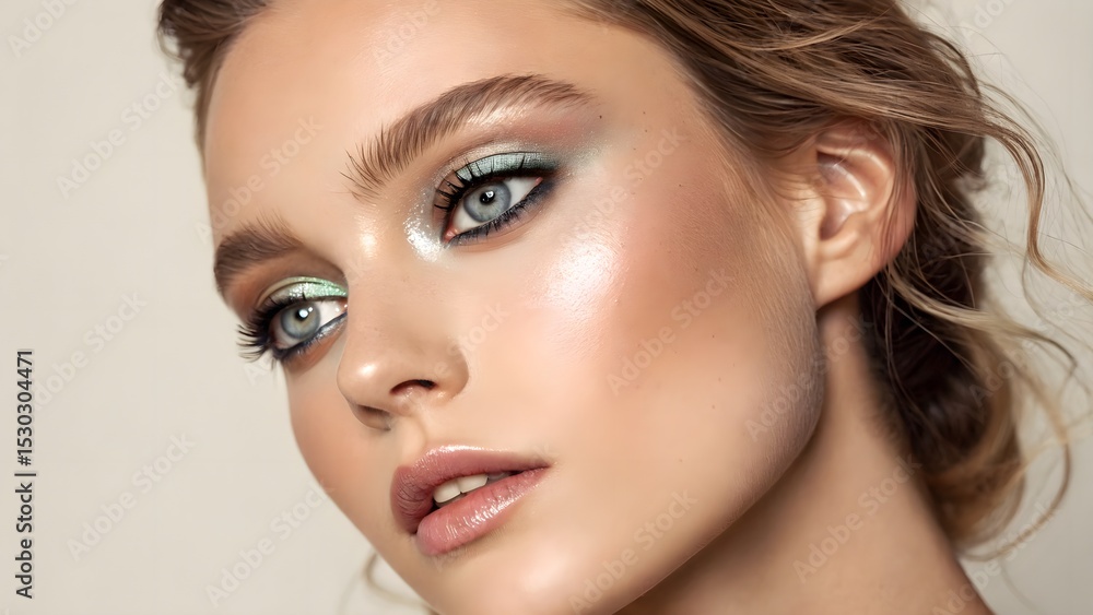 Stunning close‑up of a face with holographic eye makeup under soft lighting—subtle yet futuristic beauty concept. Stunning close‑up of a face with holographic eye makeup under soft lighting—subtle yet futuristic beauty concept.