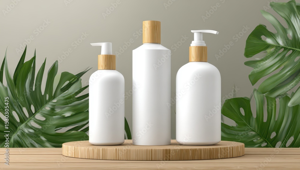 Three blank white cosmetic bottles with light beige wooden caps on a round bamboo tray, amidst lush green tropical leaves Three blank white cosmetic bottles with light beige wooden caps on a round bamboo tray, amidst lush green tropical leaves