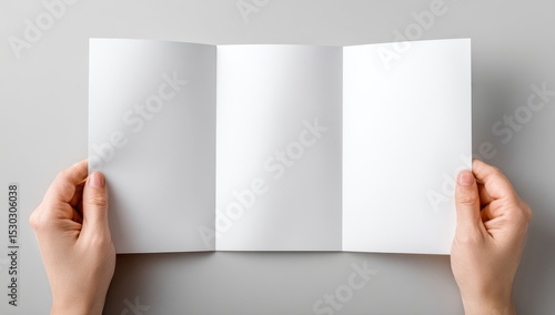 Blank tri-fold brochure held by hands