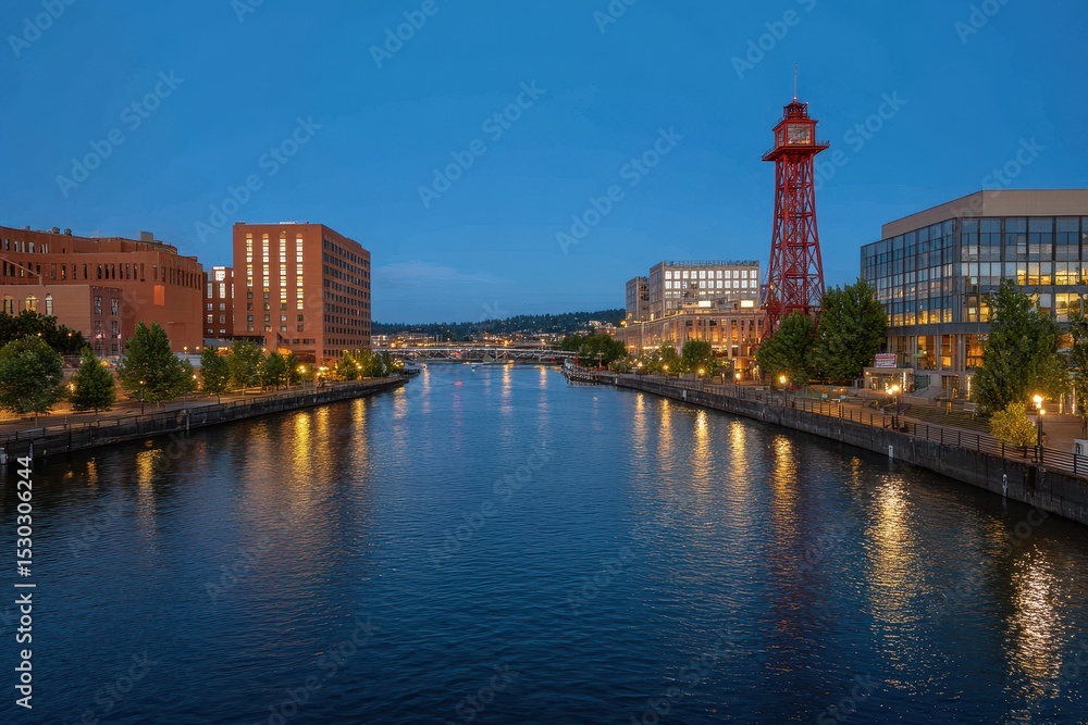 Obraz premium View of a river running through a city with buildings and a red tower at twilight