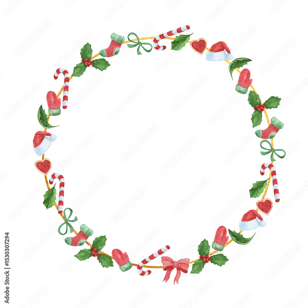 Watercolor Christmas Wreath Frame Set with Holiday Elements.Hand-painted Winter Holiday Frames with Rabbits and Decorations. Watercolor Christmas Wreath Frame Set with Holiday Elements.Hand-painted Winter Holiday Frames with Rabbits and Decorations.