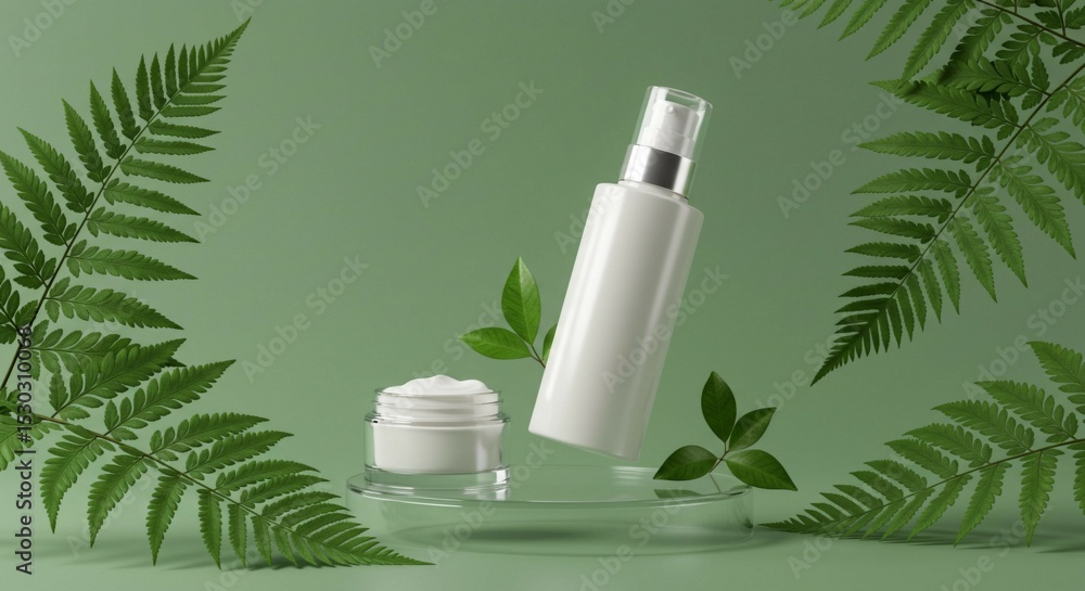 Organic skincare product mockup with a serene botanical theme, featuring fern leaves, green background, and a floating clear platform. Organic skincare product mockup with a serene botanical theme, featuring fern leaves, green background, and a floating clear platform.