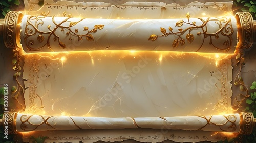 Magical Scroll with Gold Accents and Enchanted Greenery