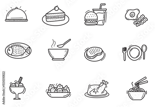 Set of foods and culinary icon in cute doodle style 