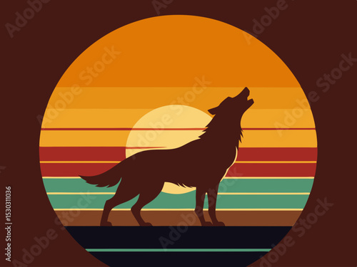 Retro sunset silhouette of a howling wolf with minimalist design