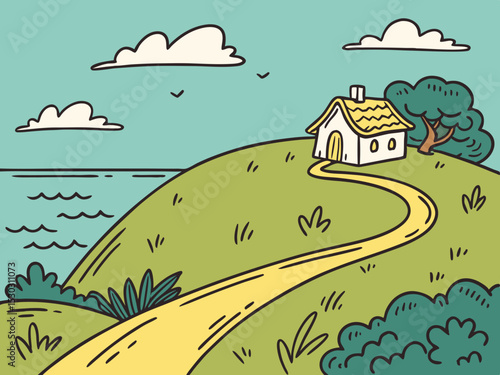Whimsical cartoon illustration of a hillside house by the sea