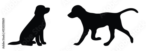Vector silhouettes of dogs in sitting and walking positions