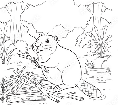Beaver animals line art and outline coloring pages 